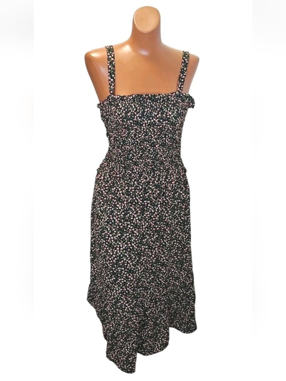 Sienna Sky Tiered Sun Dress Woman Med Black Ditsy Floral Smocked Ruffles Cottage